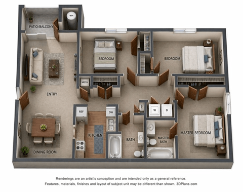 Floor plan for 3 beds, 2 baths, 1150 sqft